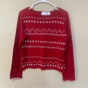 Liz Claiborne LizSport Red white Embroidery Thin knit Sweater Women Medium NWT